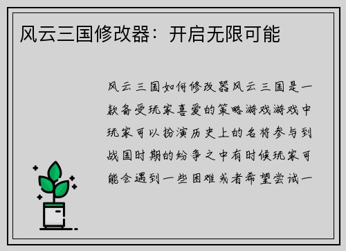风云三国修改器：开启无限可能