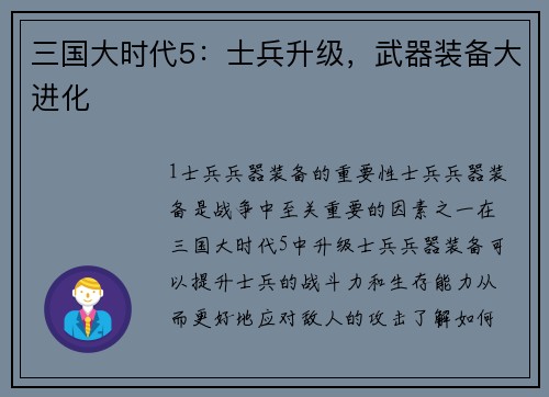 三国大时代5：士兵升级，武器装备大进化